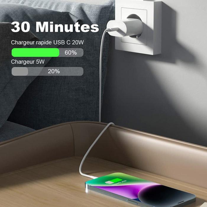 Chargeur iPhone 20W Type-C Lightning Tête + Câble